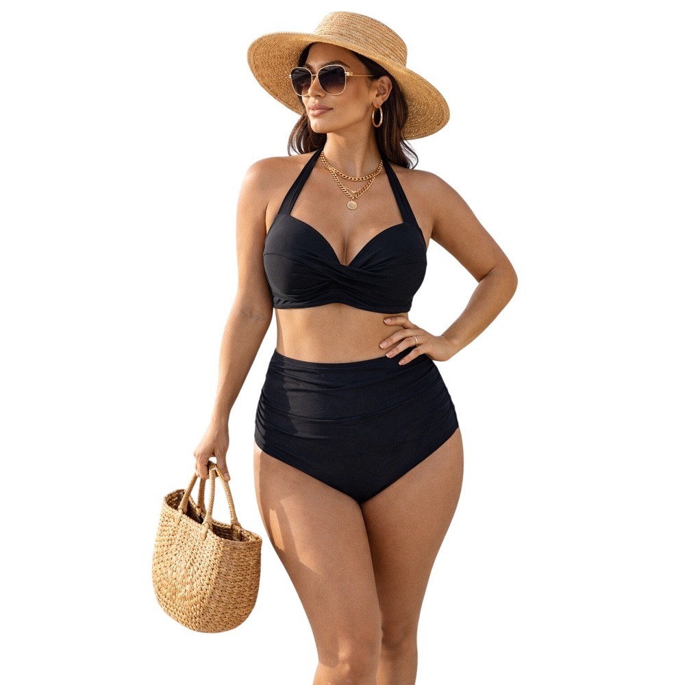Black Twist Front‎ Halter Bikini Set High Waisted Ruched Swimsuit Two Piece